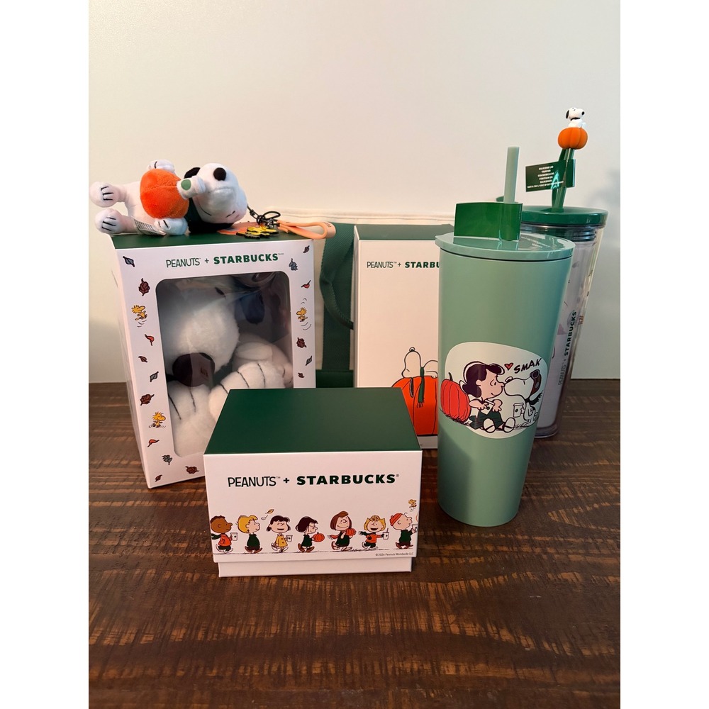 Starbucks X Peanuts Snoopy Lot of 7 Mug Hot Cold Tumblers Tote Keychain Plush